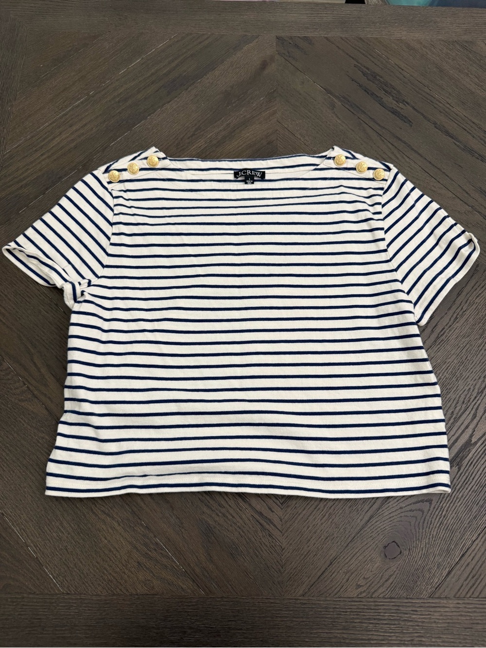 J. Crew White and Navy Striped Short-Sleeve Tee with Gold Shoulder Buttons